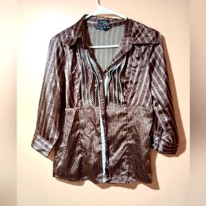 Anteilia Elbow Length Brown Blouse Sized Medium, with white Lace Details.